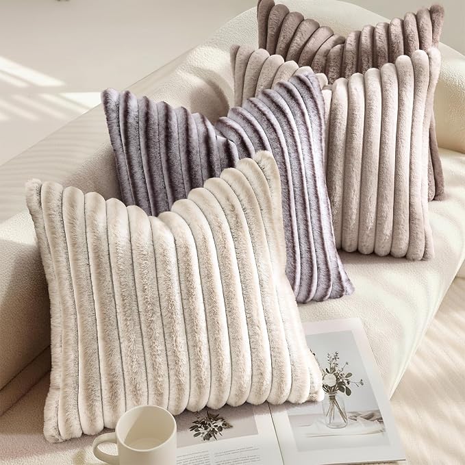 decorUhome Fall Faux Fur Throw Pillow Covers 18x18 Set of 2 Brown White | - Image 4