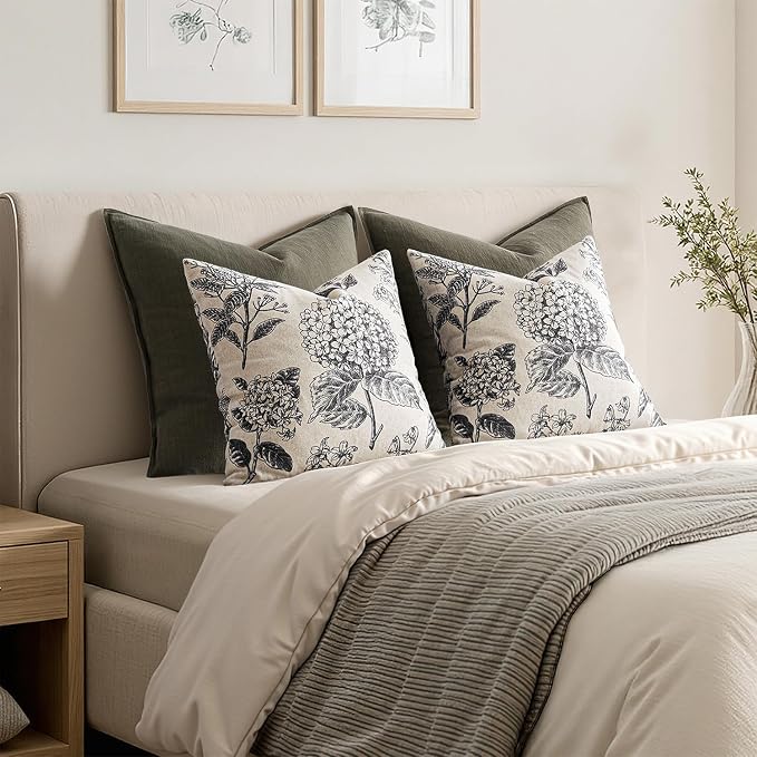 Set of 2 Decorative Floral Pillow Covers 18x18 Inch Black | Neutral Hydrangea - Image 6