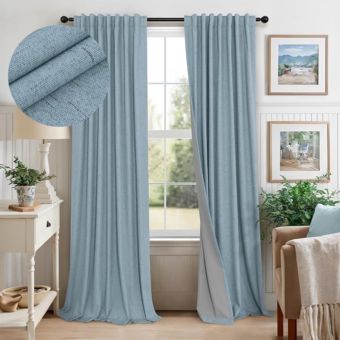 Dusty Stone Blue Completely Blackout Curtains Back Tab Loop Pocket Bedroom by Pitalk