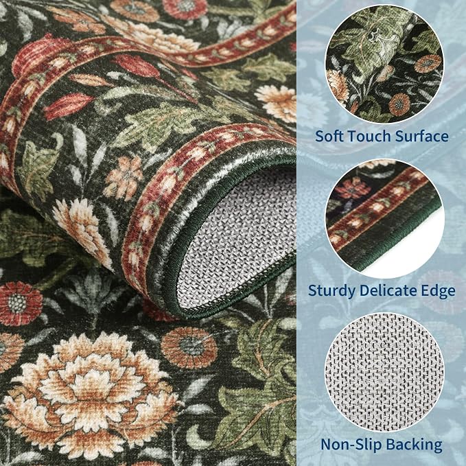 GarveeHome Green Washable Area Rug 5x7, Retro Floral Low Pile Non Slip Living - Image 4