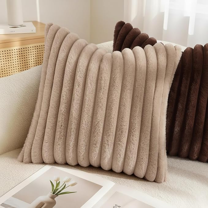 decorUhome Fall Faux Fur Throw Pillow Covers 12x20 Set of 2 Khaki Brown | - Image 9