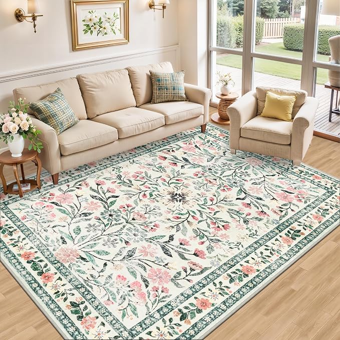 PLHXFR Area Rug 9x12 Living Room: Floral Washable Boho Carpet Green Beige | - Image 2
