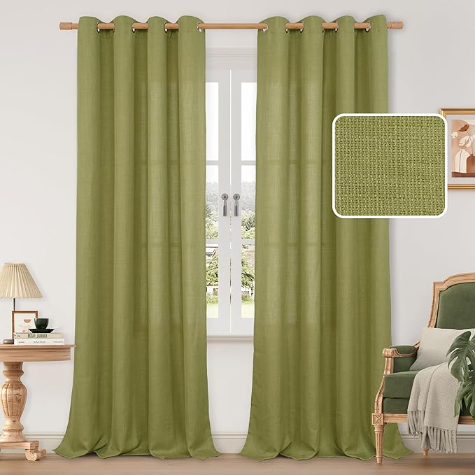 Moss Green Linen Curtains 95 Inches Long 2 Panels by LAMIT