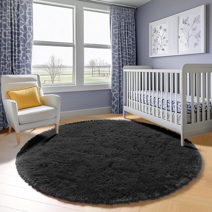 Black Round Rugs 7ft for Living Room, Fluffy Bedroom Circle Area Rug, Soft - Image 8