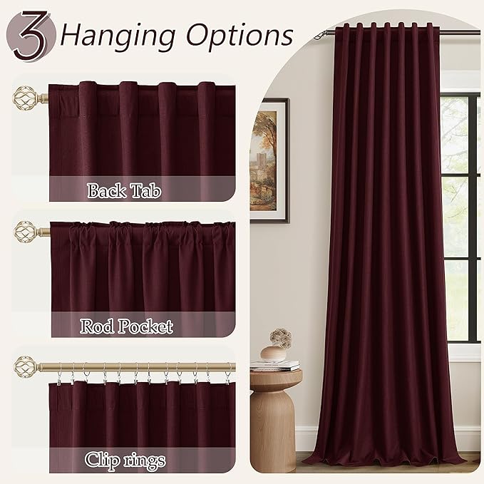 Burgundy 100% Blackout Linen Curtains 102 Inch Length 2 Panels Set - Image 6