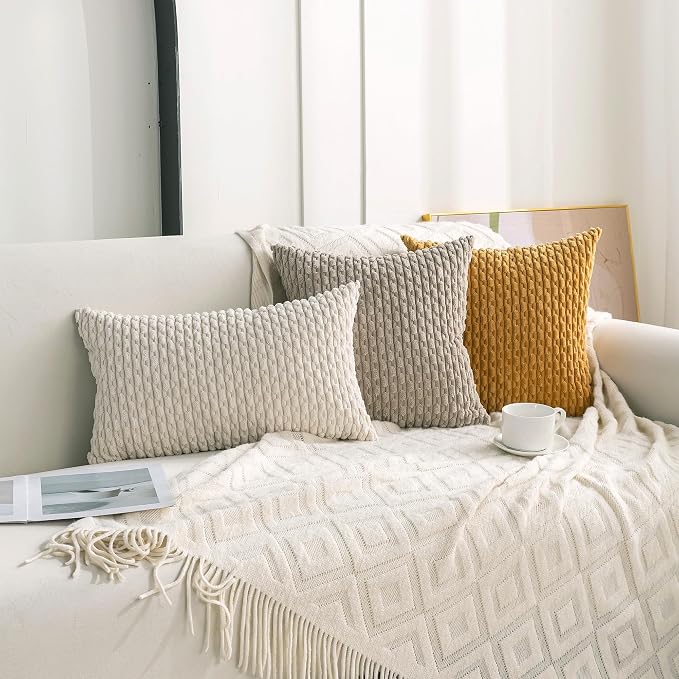 Set of 4 Neutral Decorative Throw Pillow Covers 22x22 Inch Corduroy Pillow - Image 3