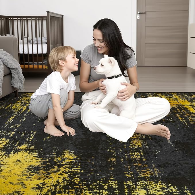 6x9 Area Rug Living Room: Modern Washable Soft Carpet Black Gold | - Image 9