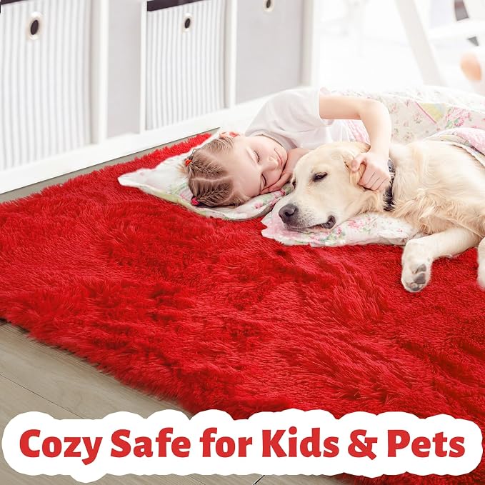 Amdrebio Red Fluffy Fuzzy Rug 5x8 - Image 2