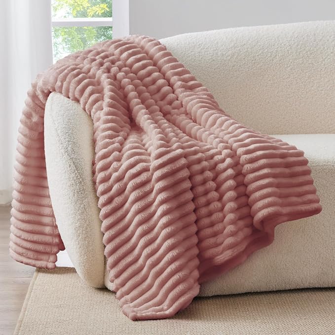 BEDELITE Striped Fleece Throw Blanket, Dusty Pink, Soft Cozy, Lightweight Warm - Image 3