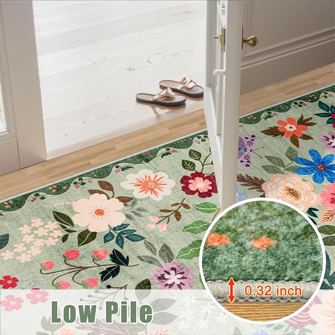PLHXFR Area Rug 10x12 Living Room: Floral Washable Boho Soft Carpet Green | - Image 8