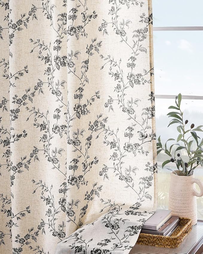 Black Vintage Floral Linen Curtains Farmhouse 50W X 84L 2 Panels | Elisa Series - Image 9