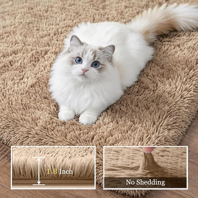 Area Rug Living Room Bedroom: 6x9 Fluffy Plush Shag Carpet Beige | - Image 5