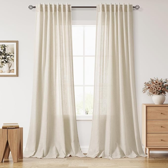 Birch Beige Linen Curtains for Living Room 98 Inches Long Light Filtering Semi by Nanspring