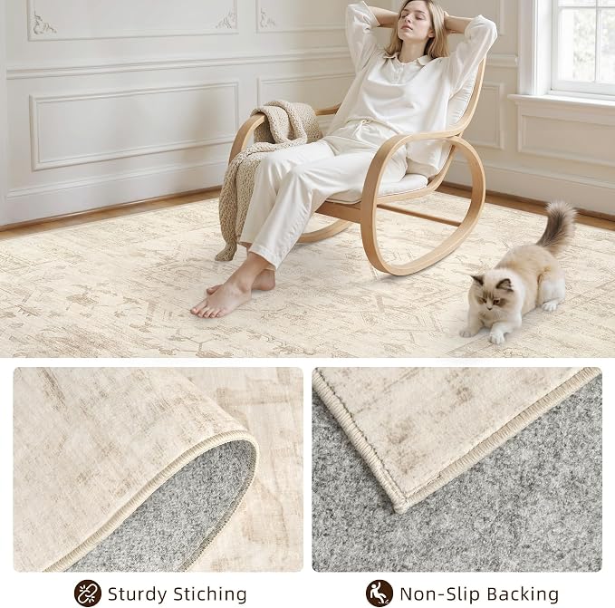 Area Rugs 9x12 Living Room: Bedroom Washable Carpet Beige/Brown | Large Vintage - Image 4