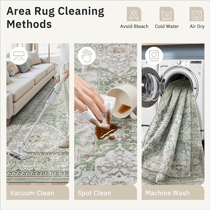 Soalmost 8x10 Area Rugs Large Washable Living Room Rug Non-Slip Green/Brown | - Image 6