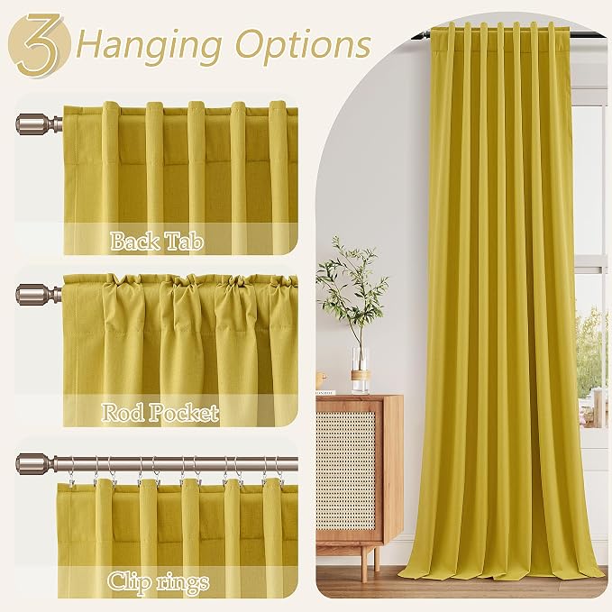 Celery Yellow 100% Blackout Linen Curtains 102 Inch Length 2 Panels Set - Image 4