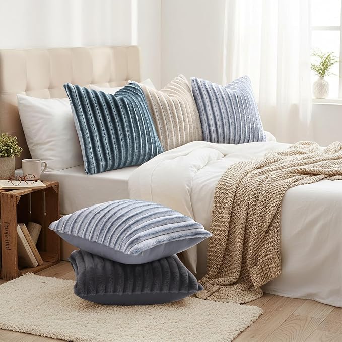 decorUhome Fall Faux Fur Throw Pillow Covers 22x22 Set of 2 Blue Grey | - Image 6