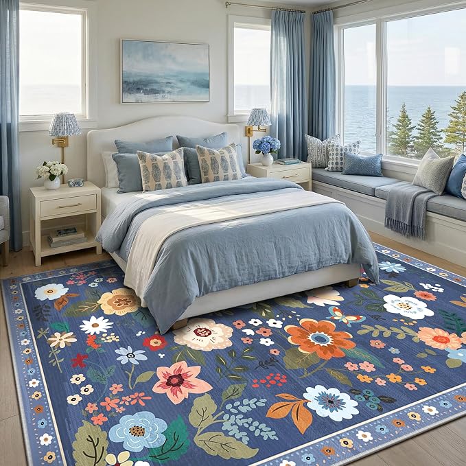 RELEANY Floral Washable 7x9 Area Rugs Blue/Grey | Flower Carpet Print Boho Cute - Image 8