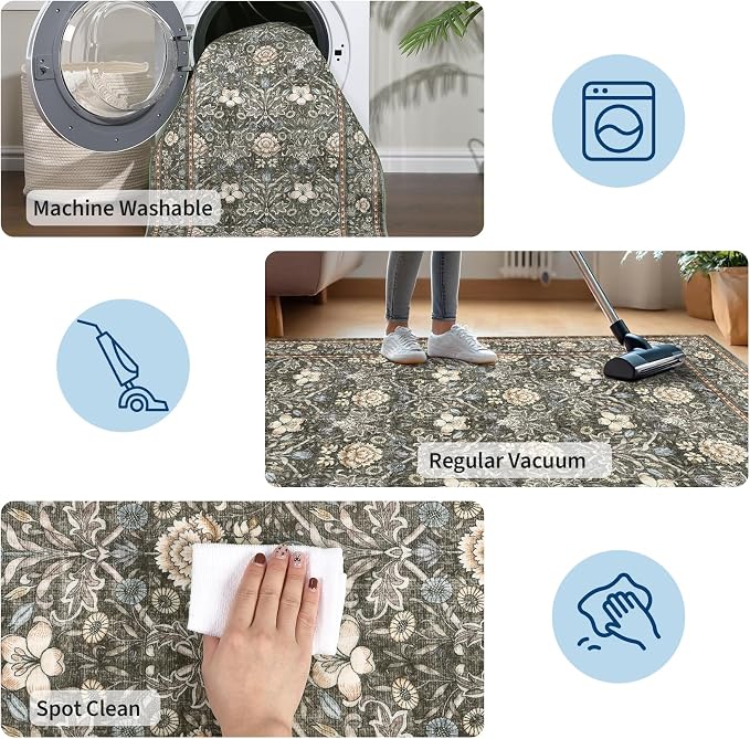GarveeHome Washable Area Rug 5x7, Retro Floral Low Pile Non Slip Living Room - Image 6