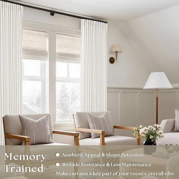 Beige White Pinch Pleated Linen Curtains 98 Inches Long 2 Panels | Light - Image 6