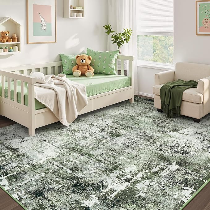 Rugflix 9x12 Area Rugs for Living Room, Washable Dark Green Large Rug | Machine - Image 8