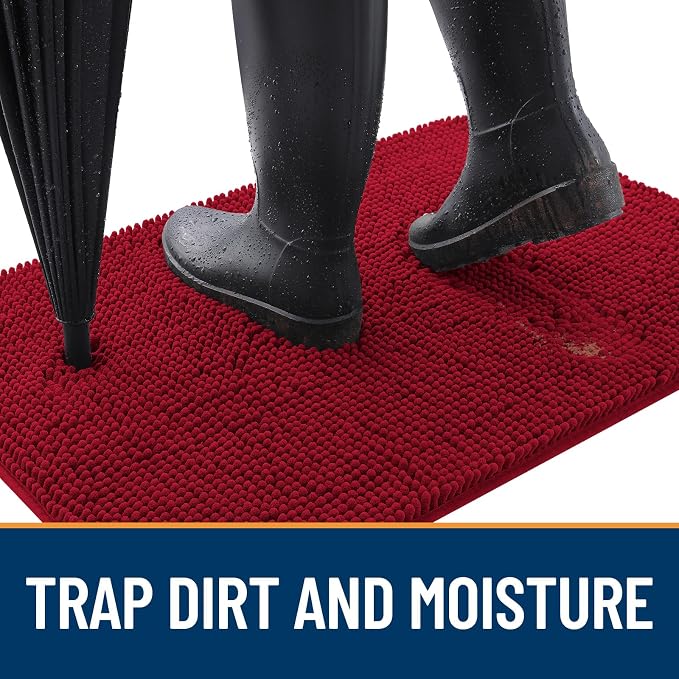 OLANLY Dog Door Mat for Muddy Paws 40x32, Super Absorbent Chenille Mud Mat | Red - Image 2
