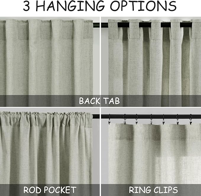 Sage Green Linen Textured 96 Inch Curtains 2 Panel Set Back Tab Rod Pocket - Image 3