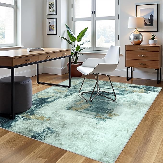 5x8 Area Rugs for Living Room Washable Bedroom Dining Room Teal Grey Gold | - Image 3
