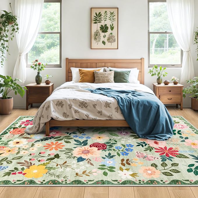 PLHXFR 8x10 Area Rug Living Room: Floral Washable Boho Soft Carpet Green | - Image 3