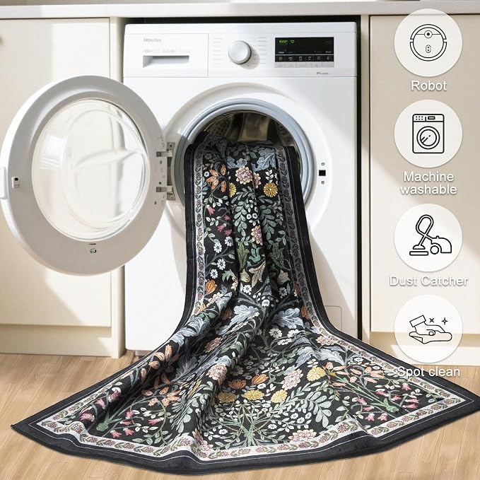 PLHXFR 2x6 Washable Runner Rug：Floral Indoor Kitchen Carpet Dark Black | - Image 7