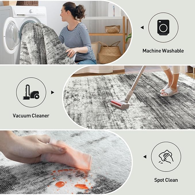 5x7 Area Rugs for Living Room: Washable Abstract Black Grey Badroom Carpet | - Image 4