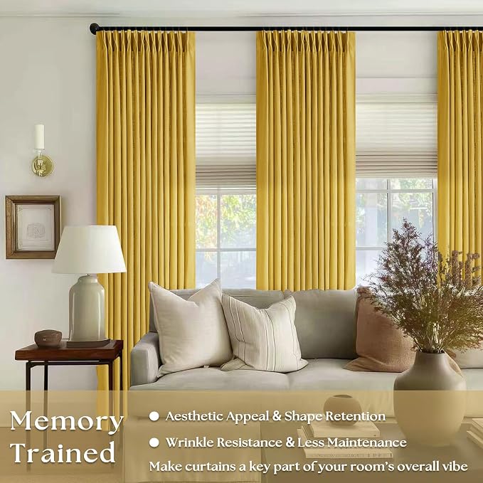 Mustard Yellow Pleated Semi Sheer Linen Curtains 108 Inches Long 2 Panel | - Image 2