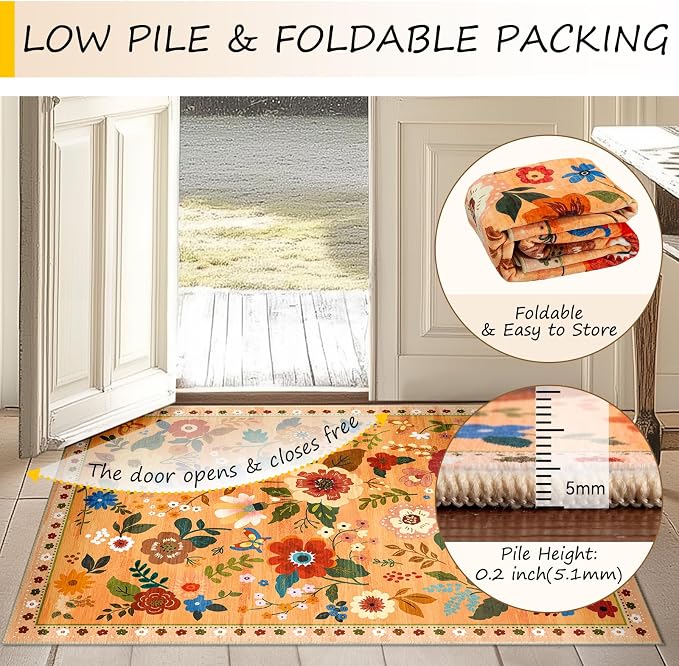 RELEANY Floral Washable 3x5 Area Rugs Yellow/Orange/Red | Flower Carpet Print - Image 4