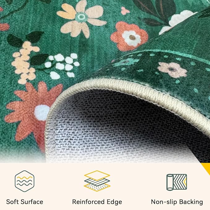 RELEANY Floral Washable 4x6 Area Rugs DarkGreen | Flower Carpet Print Boho Cute - Image 4