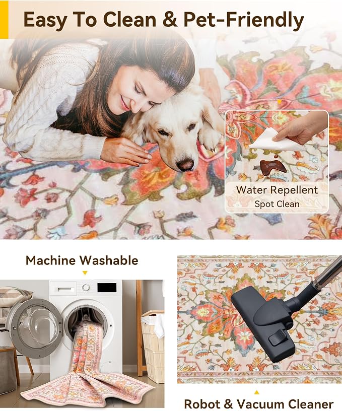 RELEANY Washable Area Rug, Water Repellent, Pet Friendly, Vintage Floral Boho - Image 3