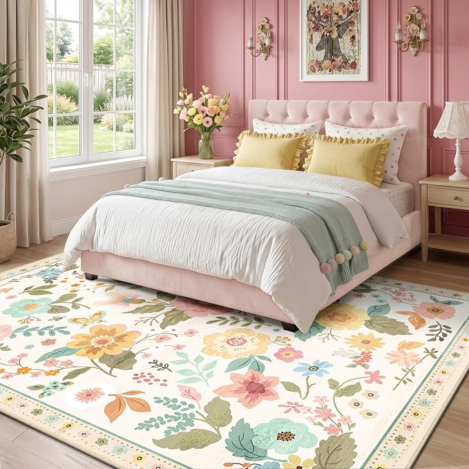 RELEANY Floral Washable 8x10 Area Rugs Beige/White/Orange | Flower Carpet Print - Image 2