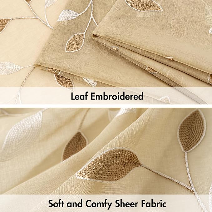 MIULEE Beige Sheer Curtains 2 Panels Embroidered Leaf Patterned, W52 x L45 | - Image 4