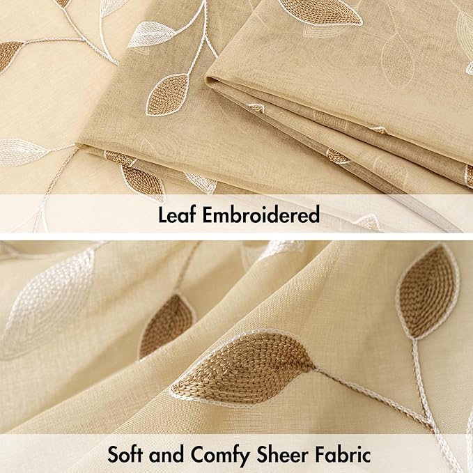 MIULEE Beige Sheer 30x36 Inches Length 2 Panels Embroidered Leaf Patterned | - Image 4
