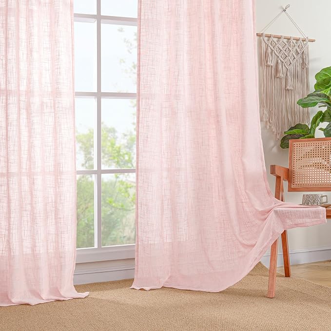 Pink Linen Curtains for Living Room 96 Inch, Light Filtering Panels | Semi Sheer - Image 9