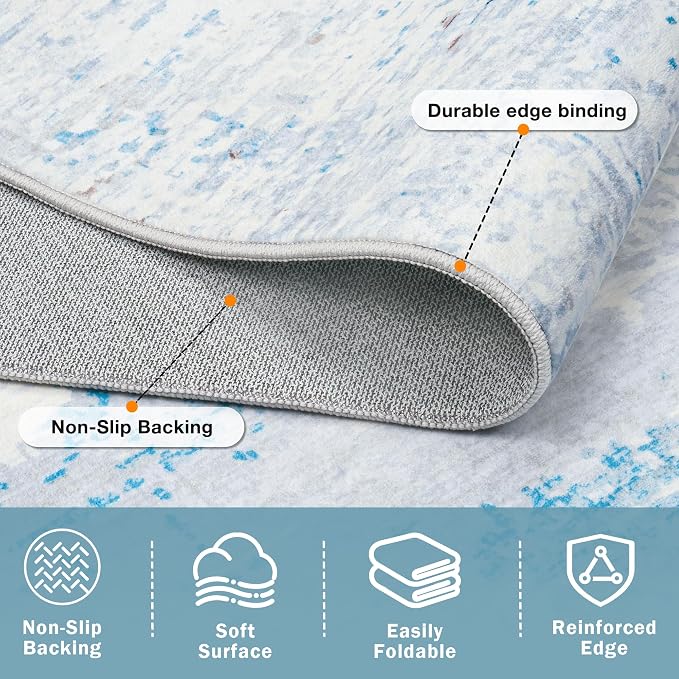 10x14 Washable Area Rug for Living Room Bedroom: Non-Slip Modern Light Blue | - Image 5