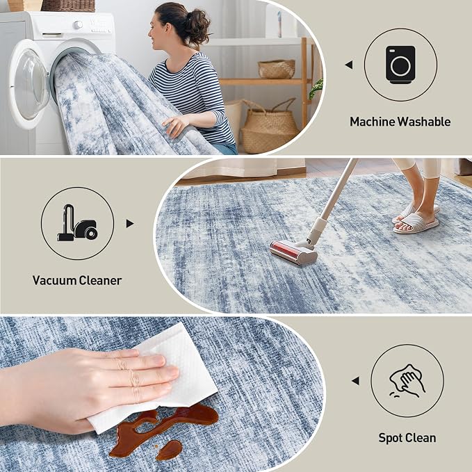 9x12 Area Rugs for Living Room: Washable Abstract Blue White Badroom Carpet | - Image 5