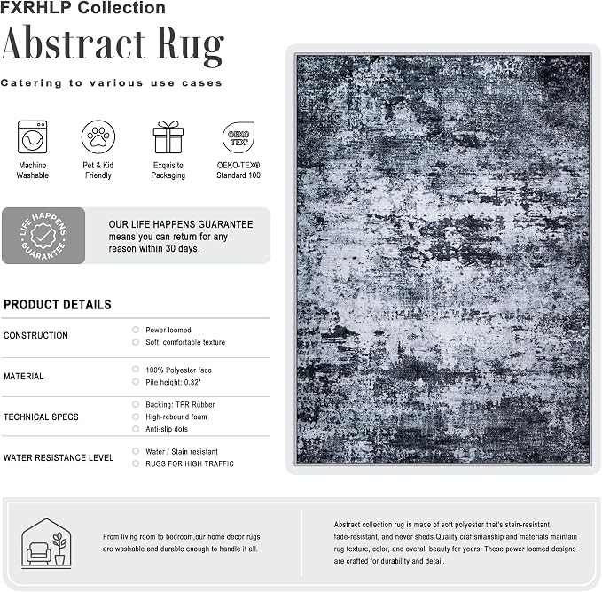 Area Rug Living Room: 3x5 Modern Washable Indoor Carpet Black | - Image 2