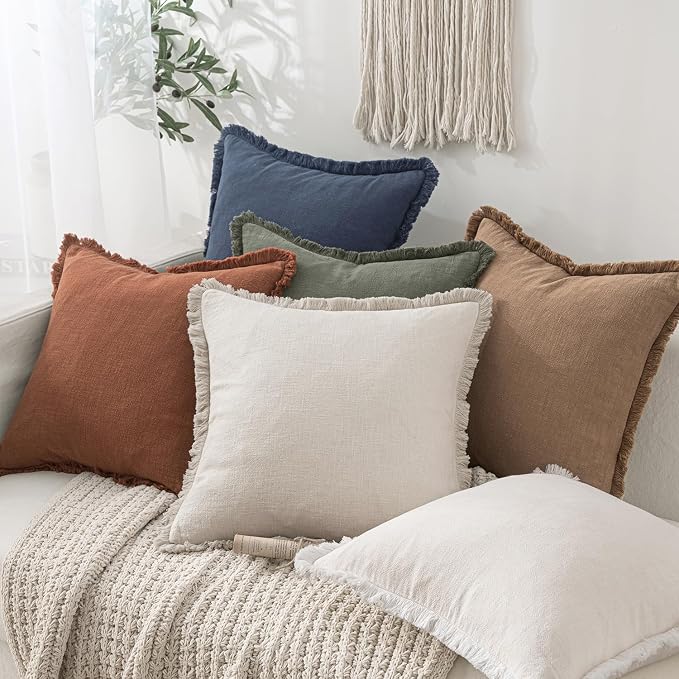 MIULEE Linen Fringe Decorative Euro Pillow Covers Natural Beige 24x24 | Set of 2 - Image 6