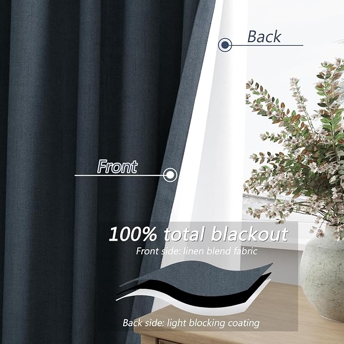 Vintage Blue 100% Blackout Linen Curtains 108 Inch Length 2 Panels Set - Image 4