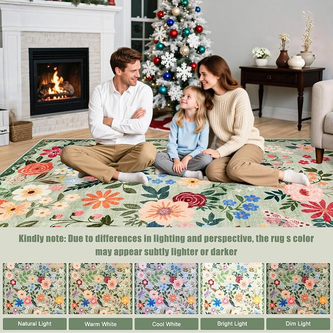 PLHXFR Area Rug 10x14 Living Room: Floral Washable Boho Soft Carpet Green | - Image 9