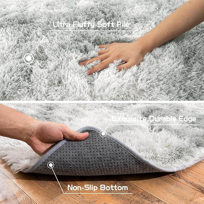 Super Fluffy Area Rug for Living Room 5x7, Shaggy Carpet, Tie Dye Grey | Modern - Image 5