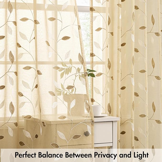 MIULEE Beige Sheer Curtains 2 Panels Embroidered Leaf Patterned, W52 x L54 | - Image 5
