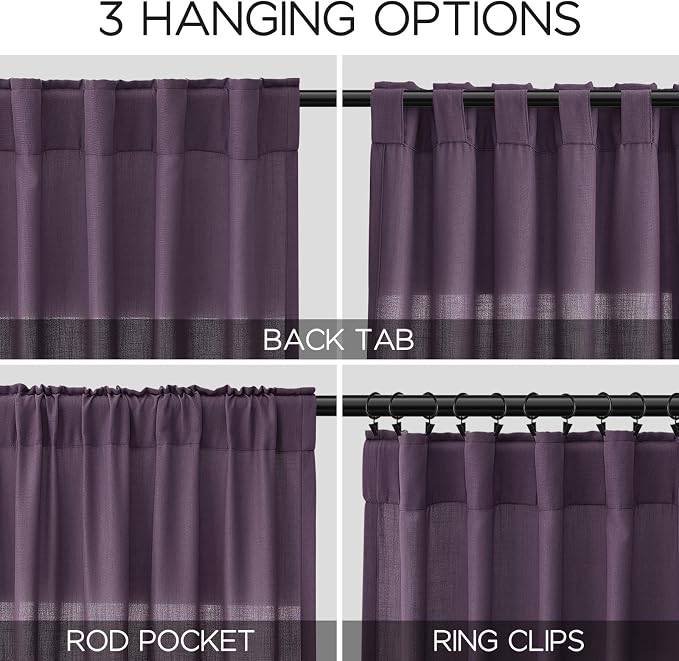 Plum Linen Curtains 102 Inches Long Rod Pocket Back Tab Drapes 2 Panels Set - Image 2