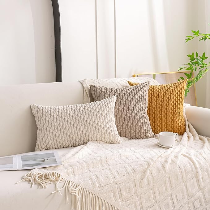 Set of 4 Beige Brown Coffee Decorative Throw Pillow Covers 22x22 Inch Corduroy - Image 3