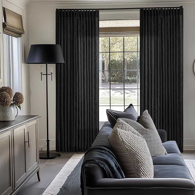 Black Pinch Pleated Linen Semi Sheer 80 Inch Curtains 2 Panels | Light Filtering - Image 8